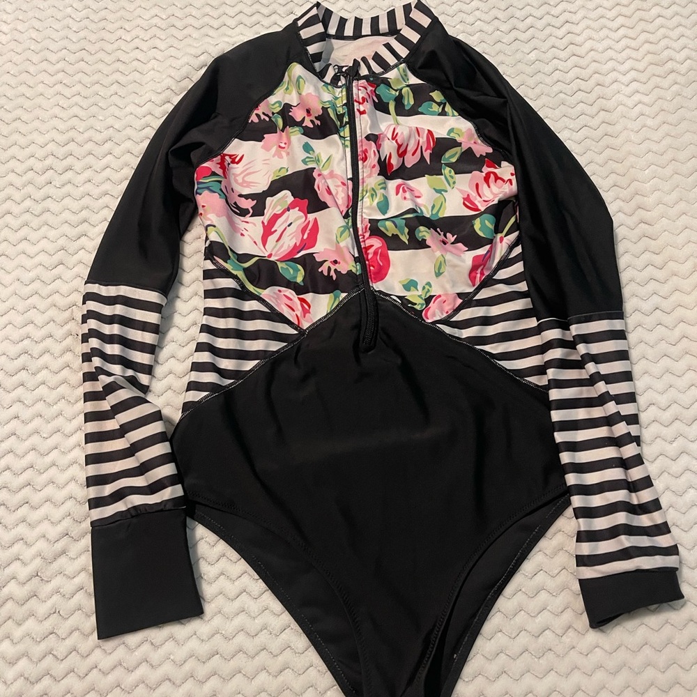 Floral and Striped One Piece compression Swimsuit